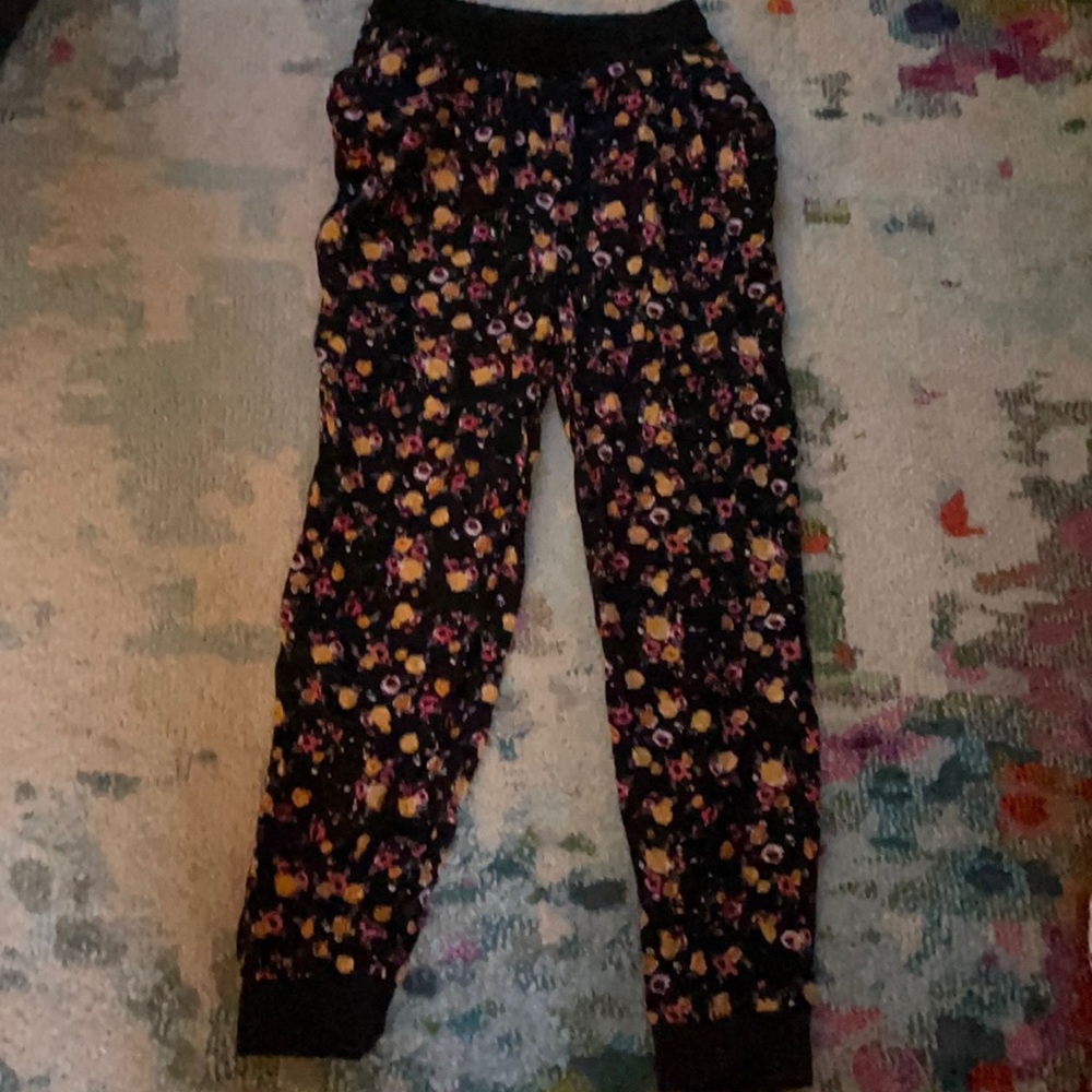 Black floral print joggers